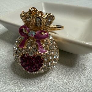 Gold Tone Rhinestone Money Bag Keychain Fuchsia Bow Heart Purse Charm Bling NWOT